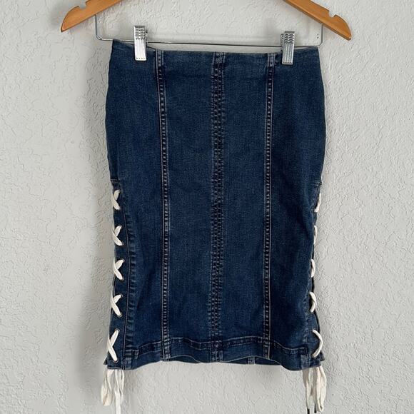 Free People Denim Jean Pencil Skirt Lace Up Ties Western Boho Cowgirl Y2K - Picture 2 of 8